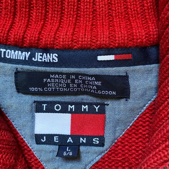 TOMMY HILFIGER TOMMY JEANS RED SWEATER 1/4 ZIP LARGE MEN KNIT VINTAGE - Picture 5 of 7